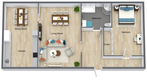 Floor plan for 1 bed, 1 bath, 694 sqft